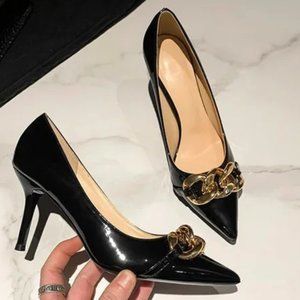 Women's high heels, fine heels sexy patent leather nude color comfortable pointe